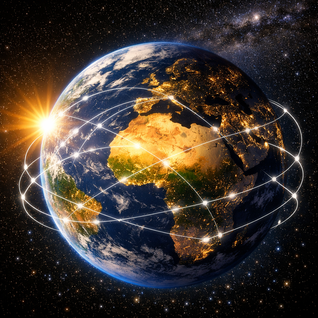 Illustration of Earth linked by arcs of light