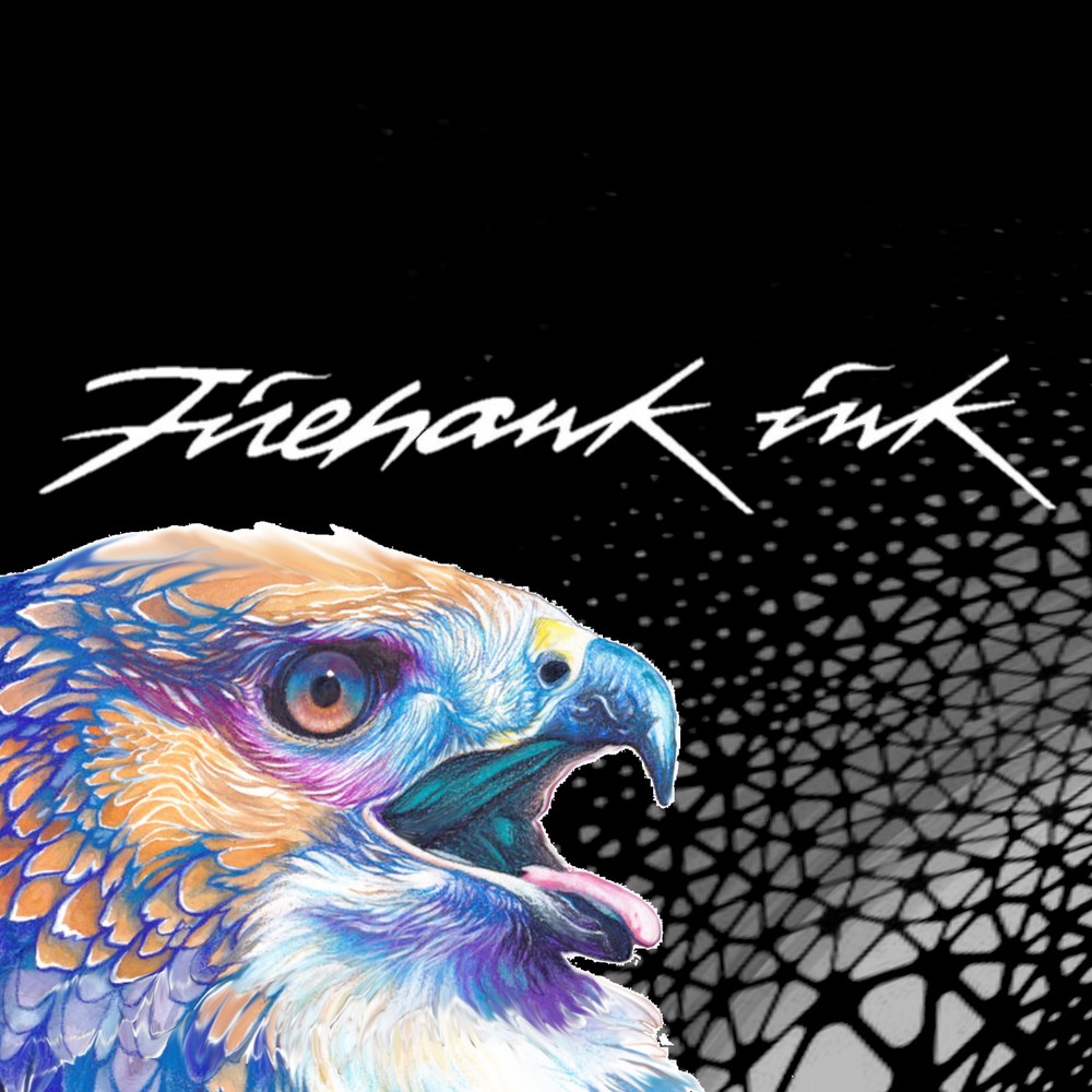 Firehawk Ink logo — the script wordmark above a colourful illustrated hawk head, on black
