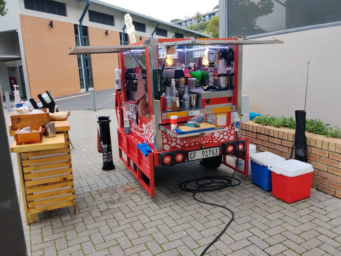 The espresso machine and counter setup on the Fresh Bean cart