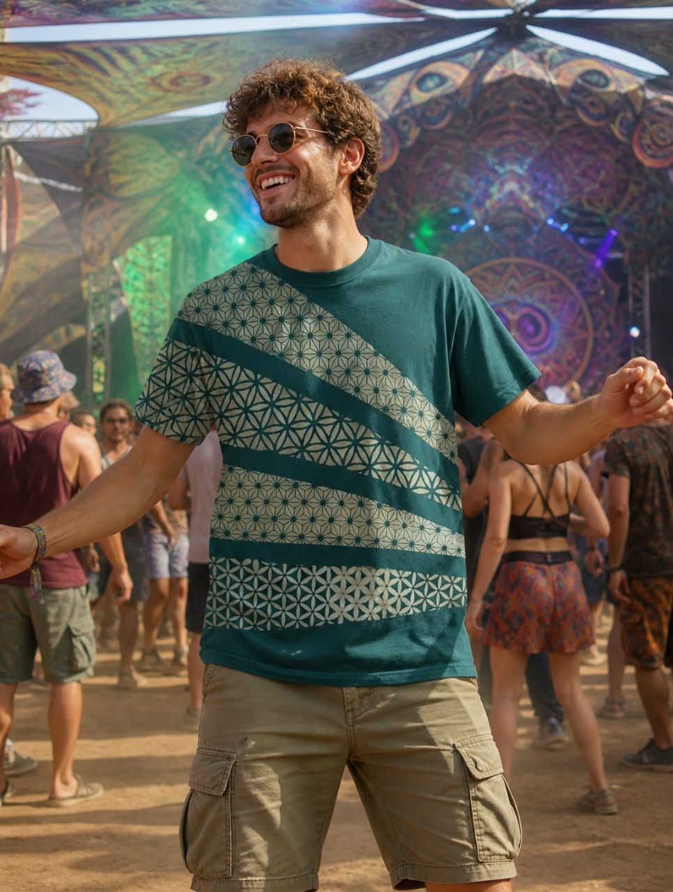 A festival-goer wearing a GeoVinty sacred-geometry printed t-shirt