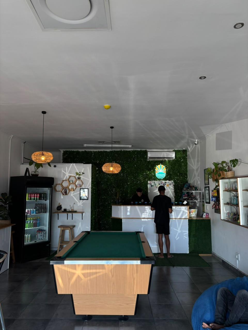 Inside the Lekker Leaf lounge, with a pool table, bar counter and living green wall