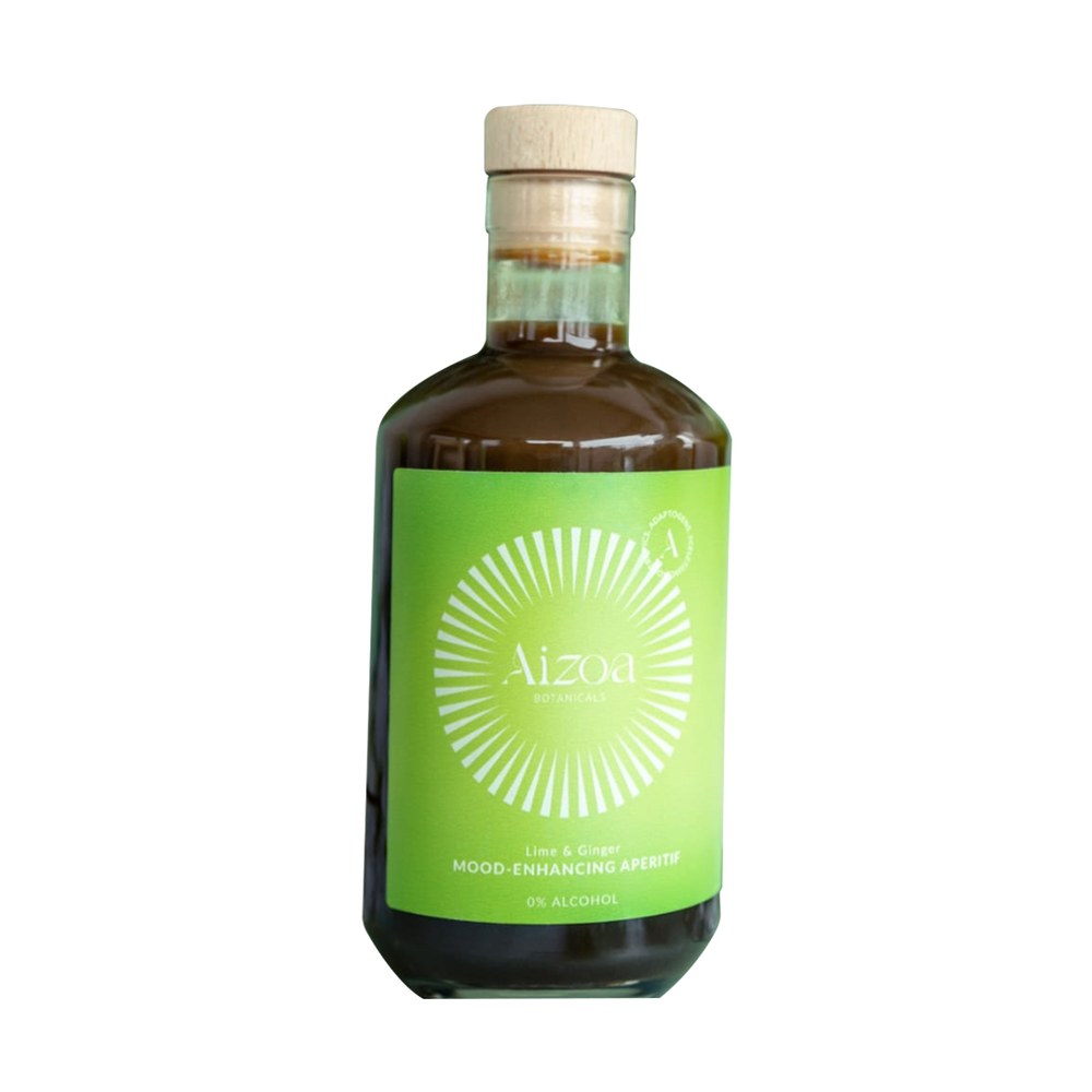 A bottle of Aizoa Botanicals Lime & Ginger mood-enhancing aperitif, 0% alcohol