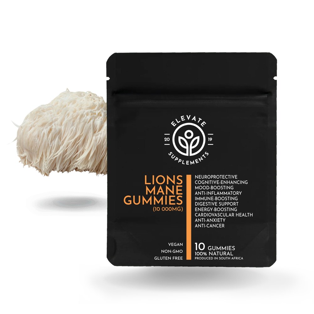Elevate Supplements Lions Mane Gummies (10 pack) beside a lion's mane mushroom
