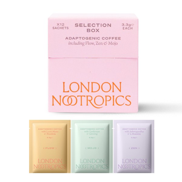 London Nootropics adaptogenic coffee selection box with Flow, Mojo and Zen sachets