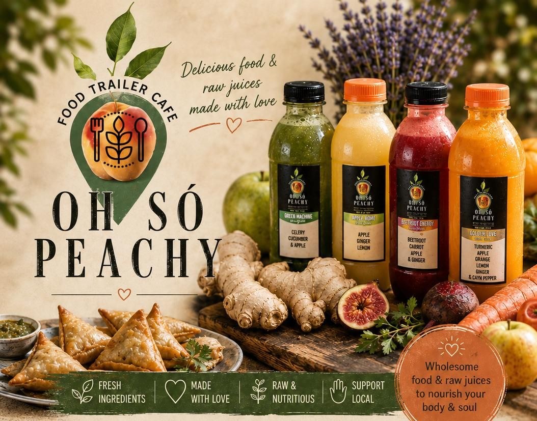 Oh So Peachy promotional flyer showing bottled raw juices, samosas and fresh ingredients