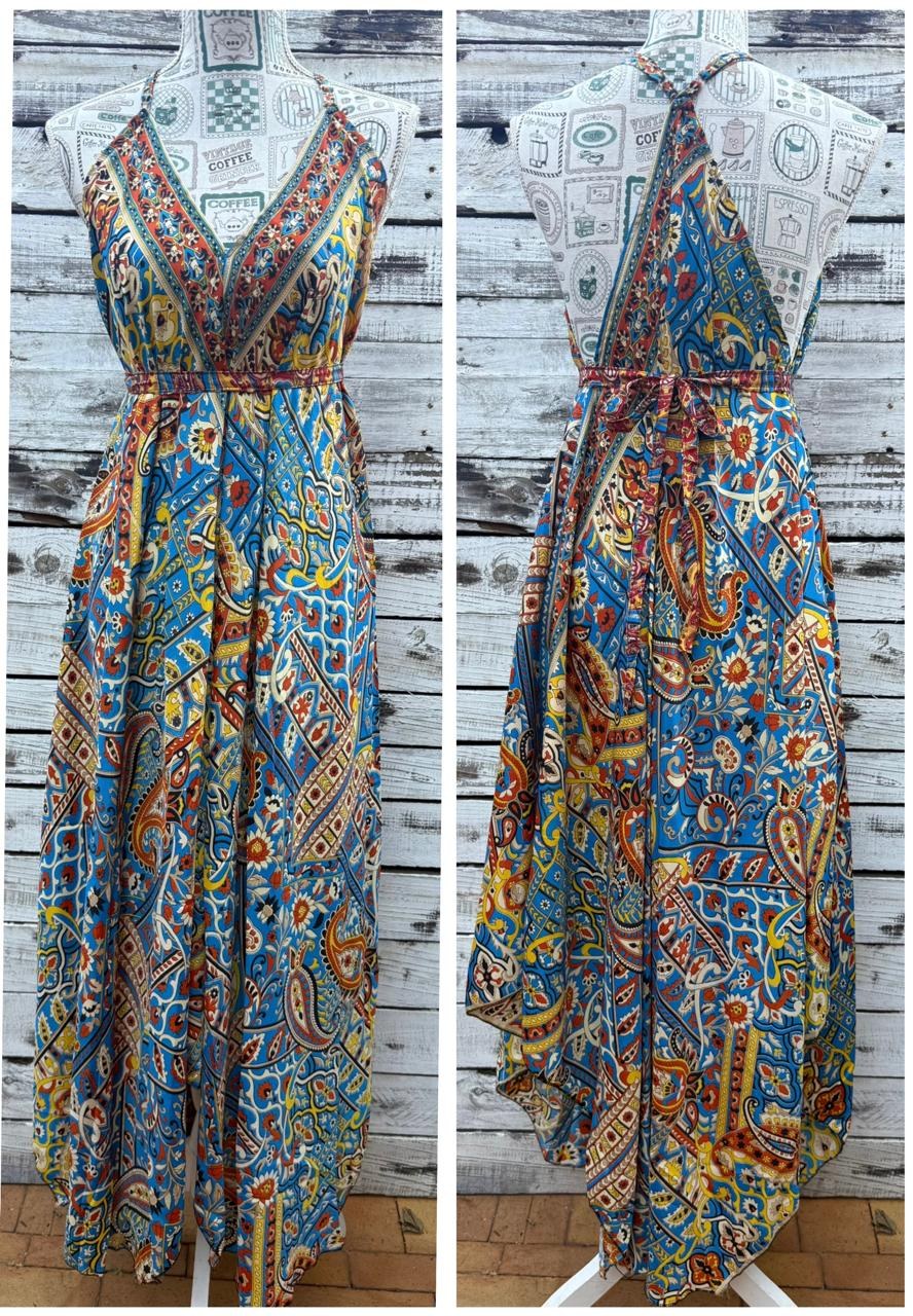 A blue paisley-print halter jumpsuit, front and back
