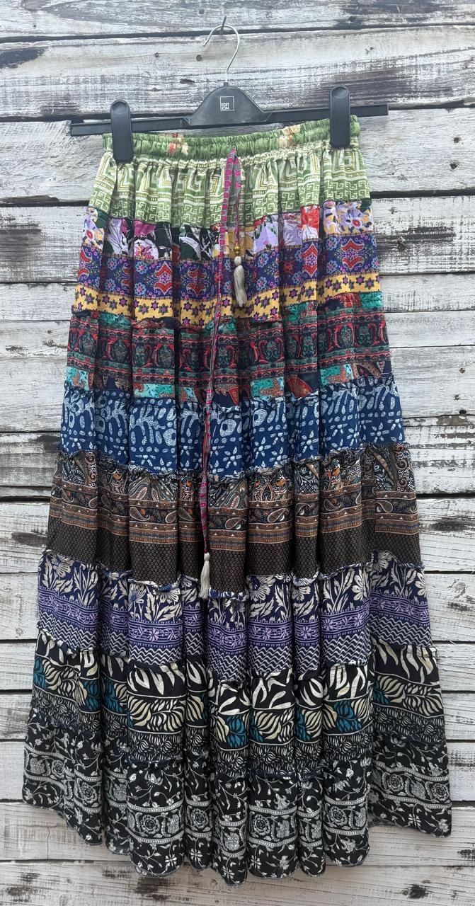 A tiered patchwork maxi skirt in mixed prints